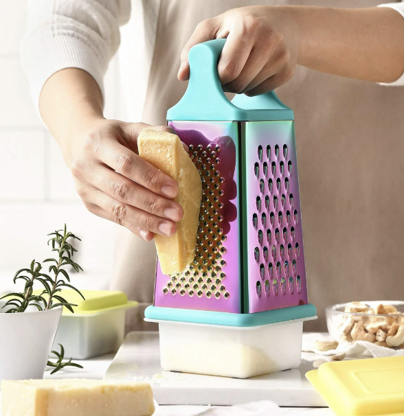 Beiang Professional Rainbow Color Box Grater,Stainless Steel Grater with 4 Sides,Slicer 5 Piece Set, Potato,Cheese,Cucumber,Salad Vegetables Graters Peelers, Turquoise