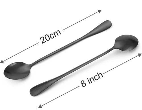 Beiang Iced Tea Spoon, Ice Cream Spoon, Titanium Coated Stainless Steel Long Handle Spoons for Coffee, Cocktail Stirring, Milkshake, Latte, Pack of 8, Black